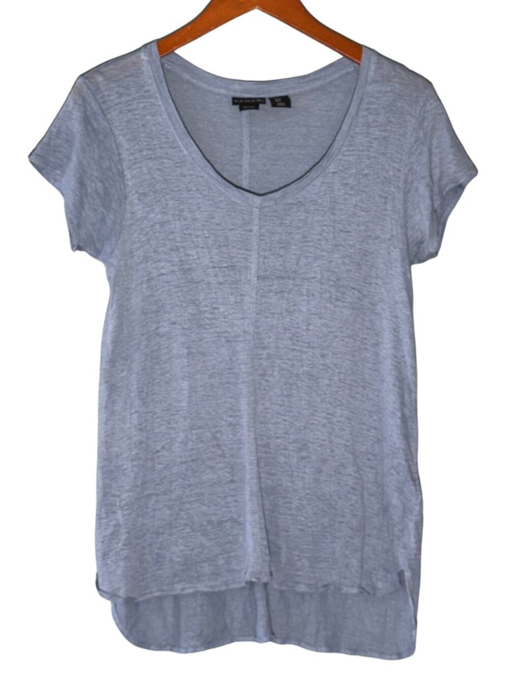 Tahari 100% Linen Blue V-Neck High Low Relaxed Short Sleeve Tee Top Small